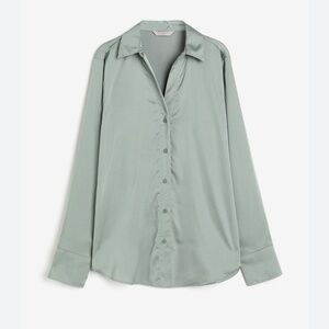 H&M Sage Green Satin Long Sleeve Shirt NWT